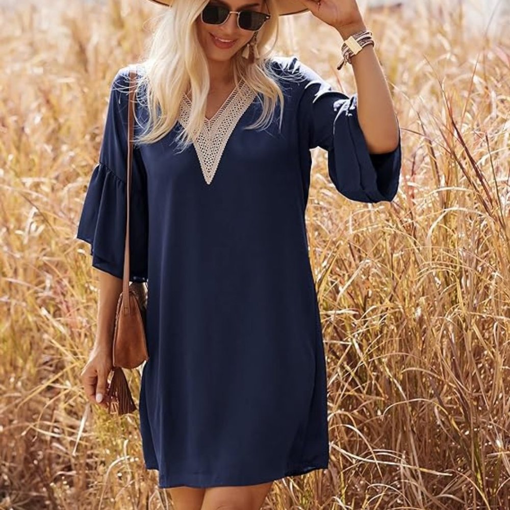 Navy Lace-Trim Mini Dress - Lightweight Women's Summer Dress